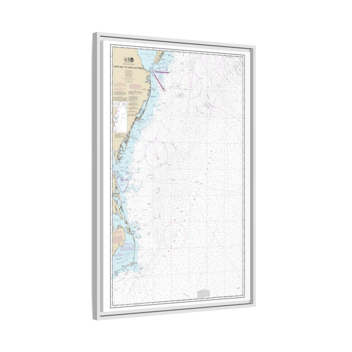 Chart 12200 Cape May to Cape Hatteras - NOAA Nautical Chart Floating Frame Canvas | 20" x 30" | 24" x 36" | 32" x 48" - White side