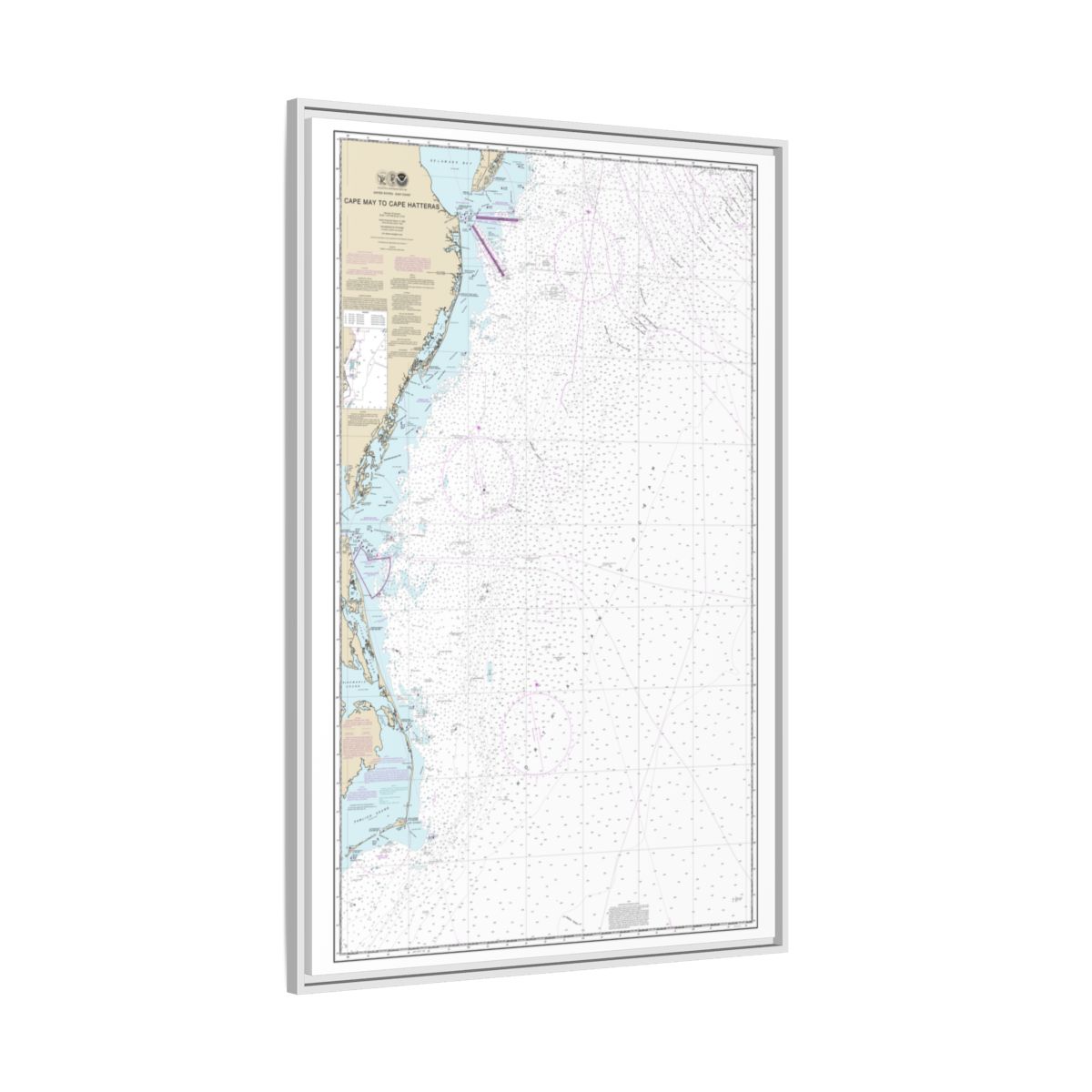 Chart 12200 Cape May to Cape Hatteras - NOAA Nautical Chart Floating Frame Canvas | 20" x 30" | 24" x 36" | 32" x 48" - White side
