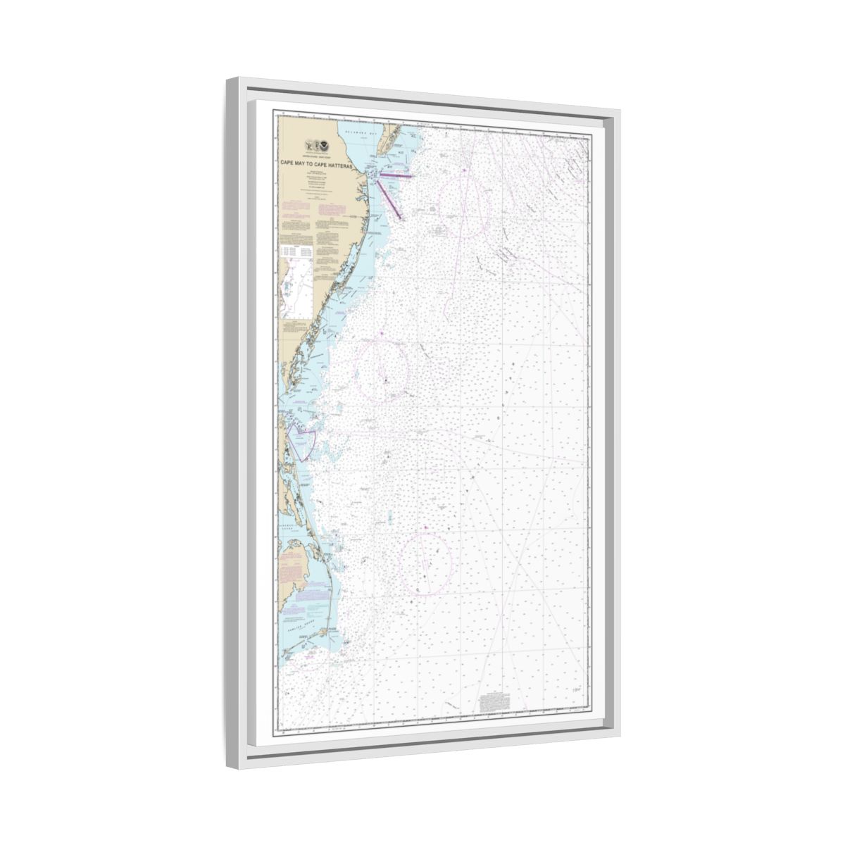 Chart 12200 Cape May to Cape Hatteras - NOAA Nautical Chart Floating Frame Canvas | 20" x 30" | 24" x 36" | 32" x 48" - White side