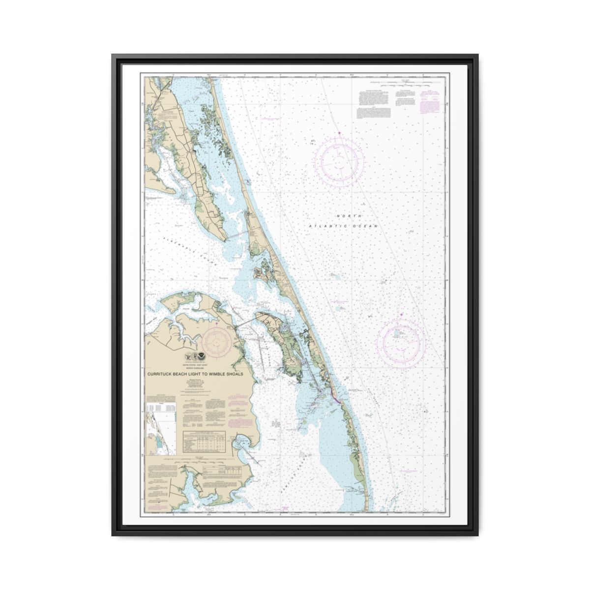 Chart 12204 Currituck Beach Light to Wimble Shoals - NOAA Nautical Chart Floating Frame Canvas | 24" x 32" | 30" x 40" - Black front