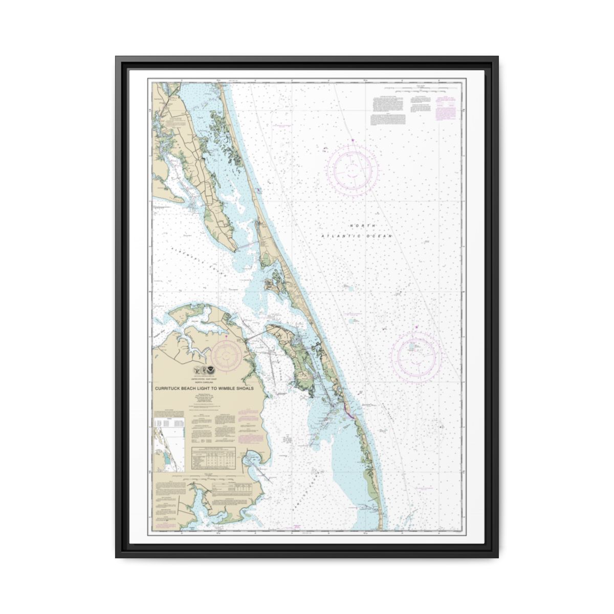 Chart 12204 Currituck Beach Light to Wimble Shoals - NOAA Nautical Chart Floating Frame Canvas | 24" x 32" | 30" x 40" - Black front