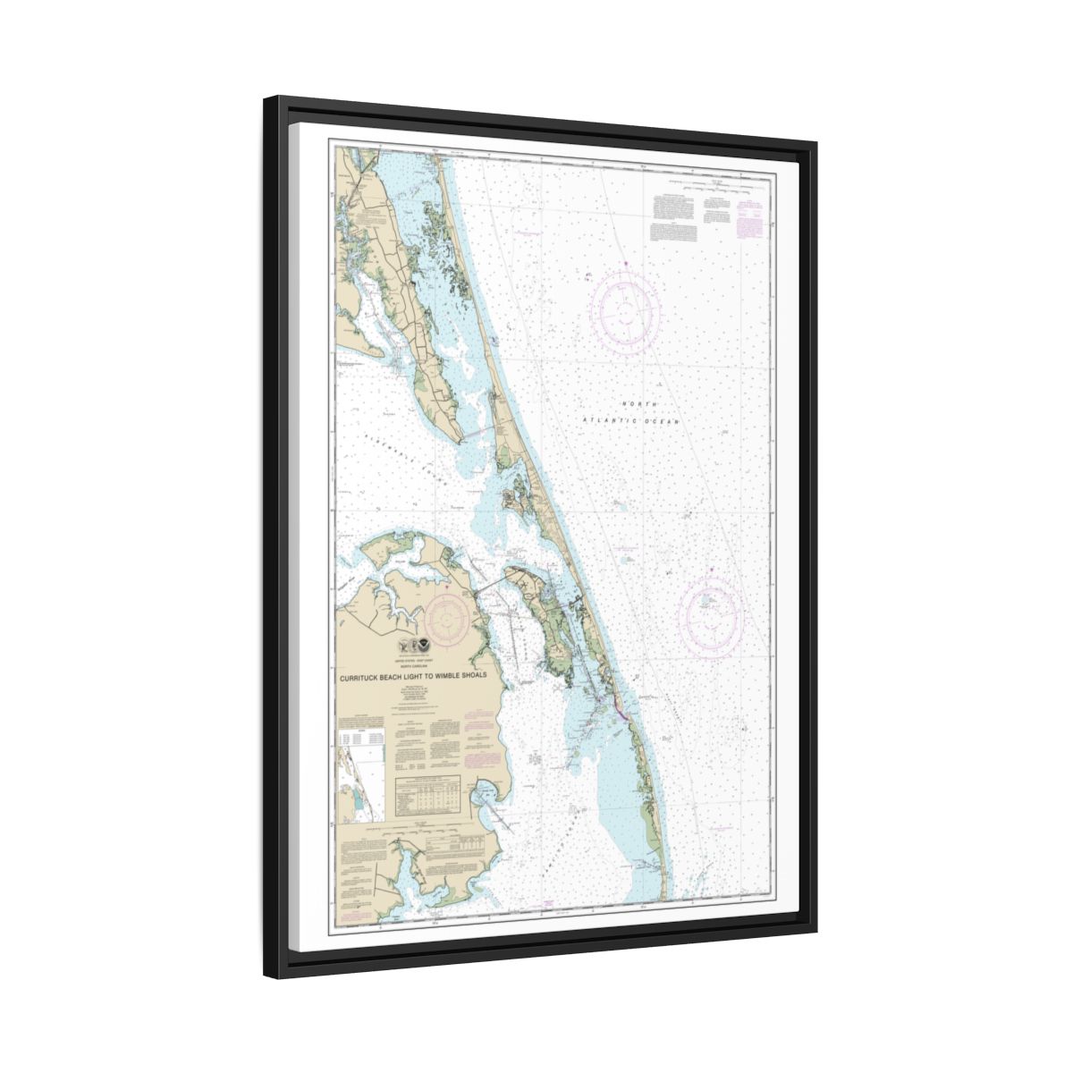 Chart 12204 Currituck Beach Light to Wimble Shoals - NOAA Nautical Chart Floating Frame Canvas | 24" x 32" | 30" x 40" - Black side