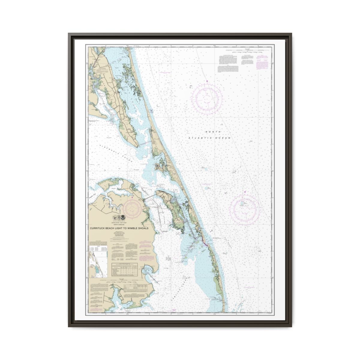 Chart 12204 Currituck Beach Light to Wimble Shoals - NOAA Nautical Chart Floating Frame Canvas | 24" x 32" | 30" x 40" - Espresso front
