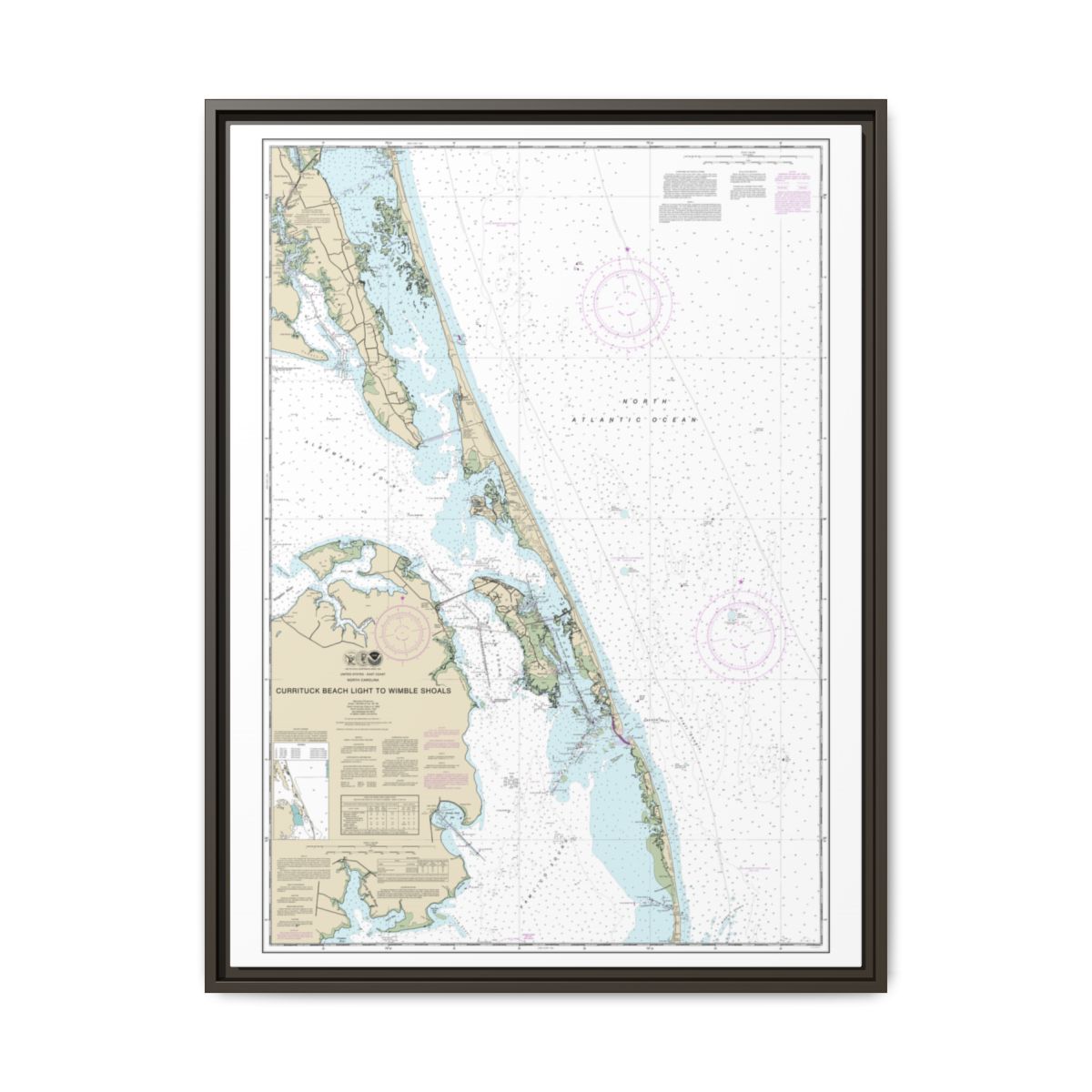 Chart 12204 Currituck Beach Light to Wimble Shoals - NOAA Nautical Chart Floating Frame Canvas | 24" x 32" | 30" x 40" - Espresso front