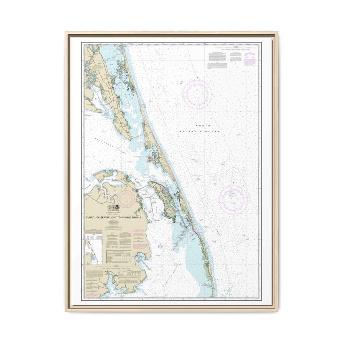 Chart 12204 Currituck Beach Light to Wimble Shoals - NOAA Nautical Chart Floating Frame Canvas | 24" x 32" | 30" x 40" - Natural front