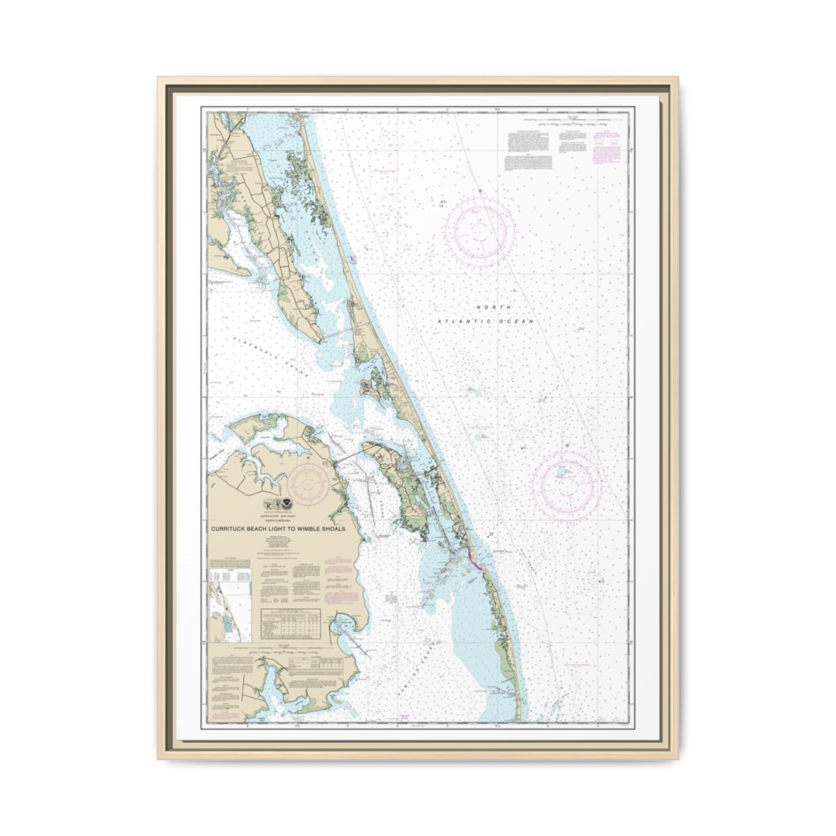 Chart 12204 Currituck Beach Light to Wimble Shoals - NOAA Nautical Chart Floating Frame Canvas | 24" x 32" | 30" x 40" - Natural front