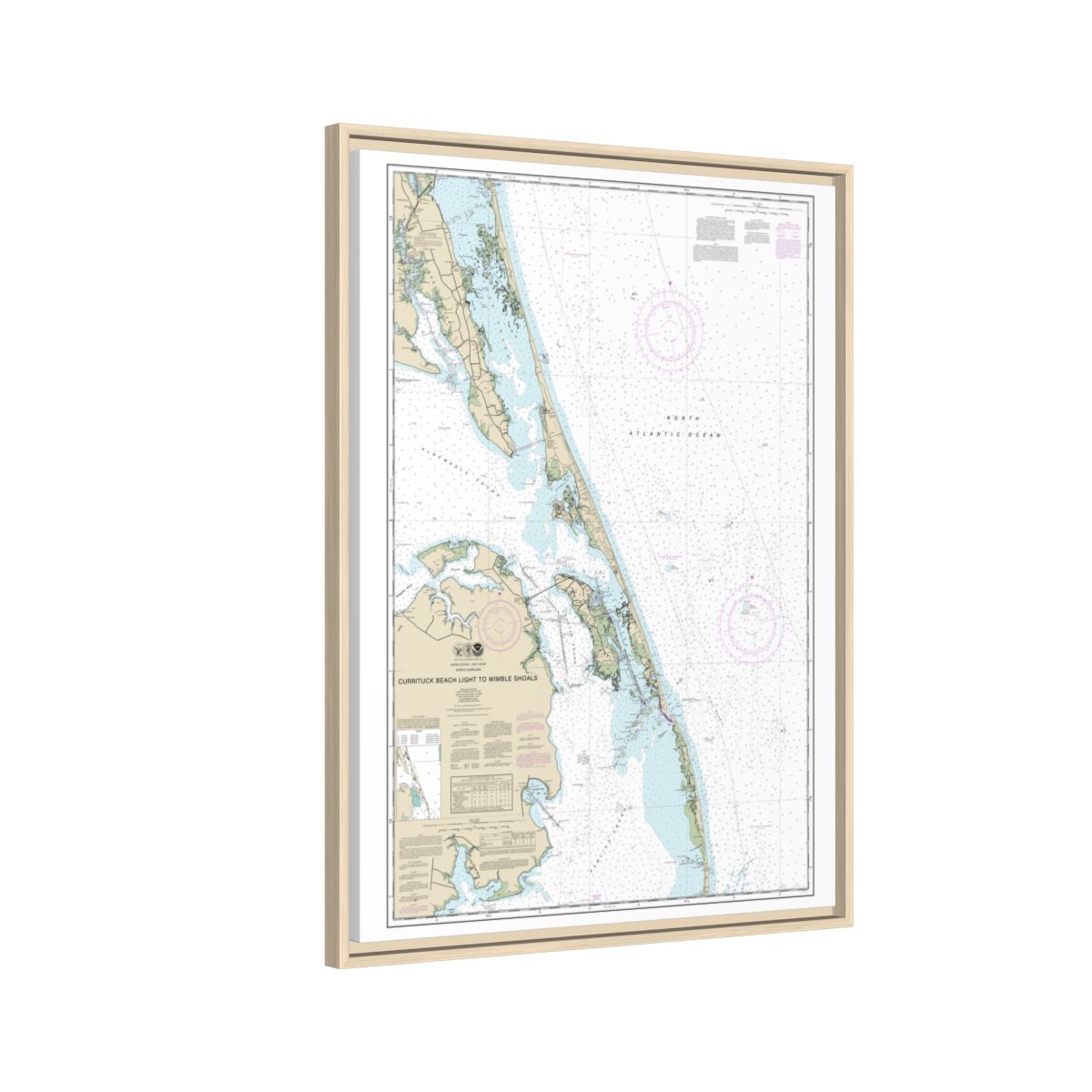 Chart 12204 Currituck Beach Light to Wimble Shoals - NOAA Nautical Chart Floating Frame Canvas | 24" x 32" | 30" x 40" - Natural side