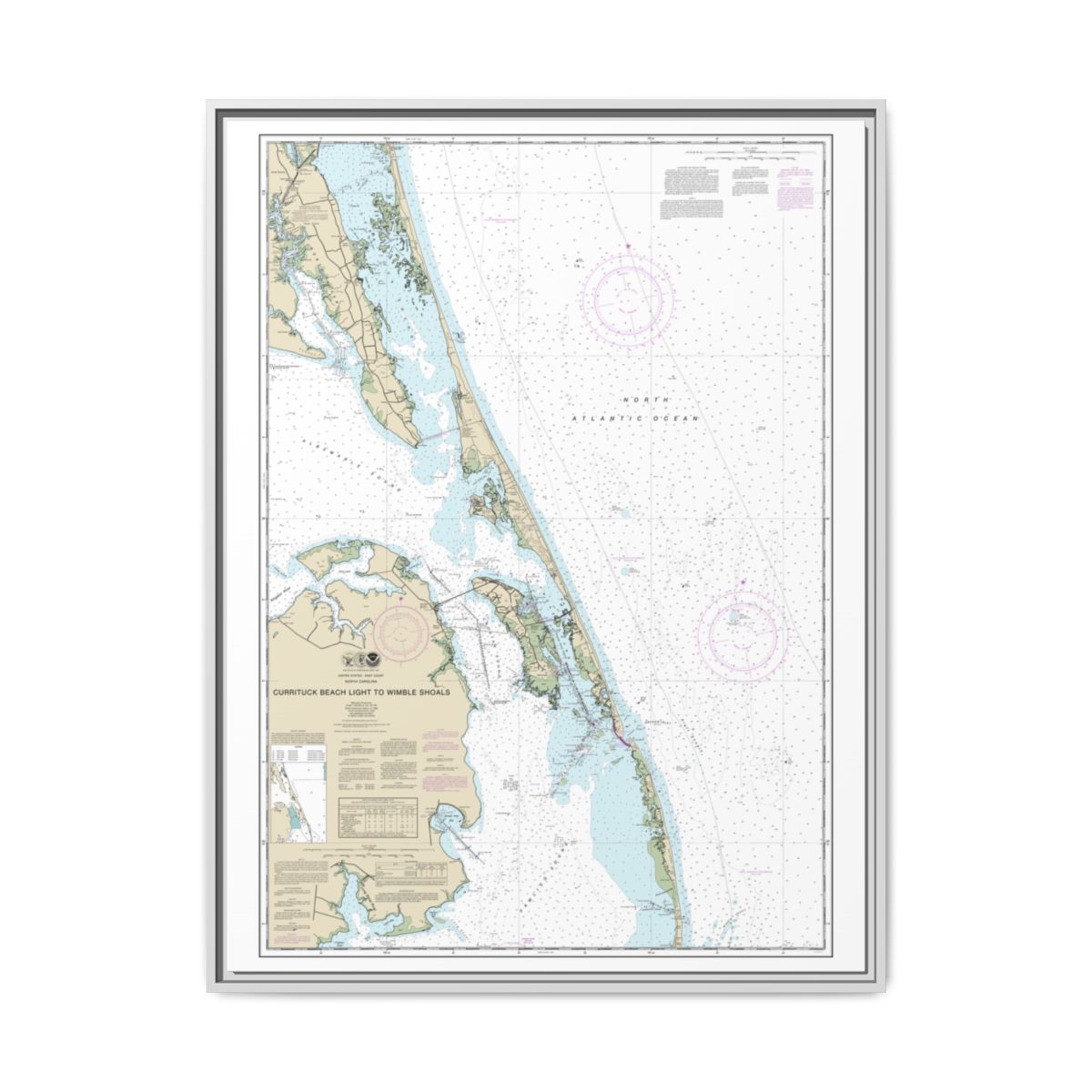 Chart 12204 Currituck Beach Light to Wimble Shoals - NOAA Nautical Chart Floating Frame Canvas | 24" x 32" | 30" x 40" - White front