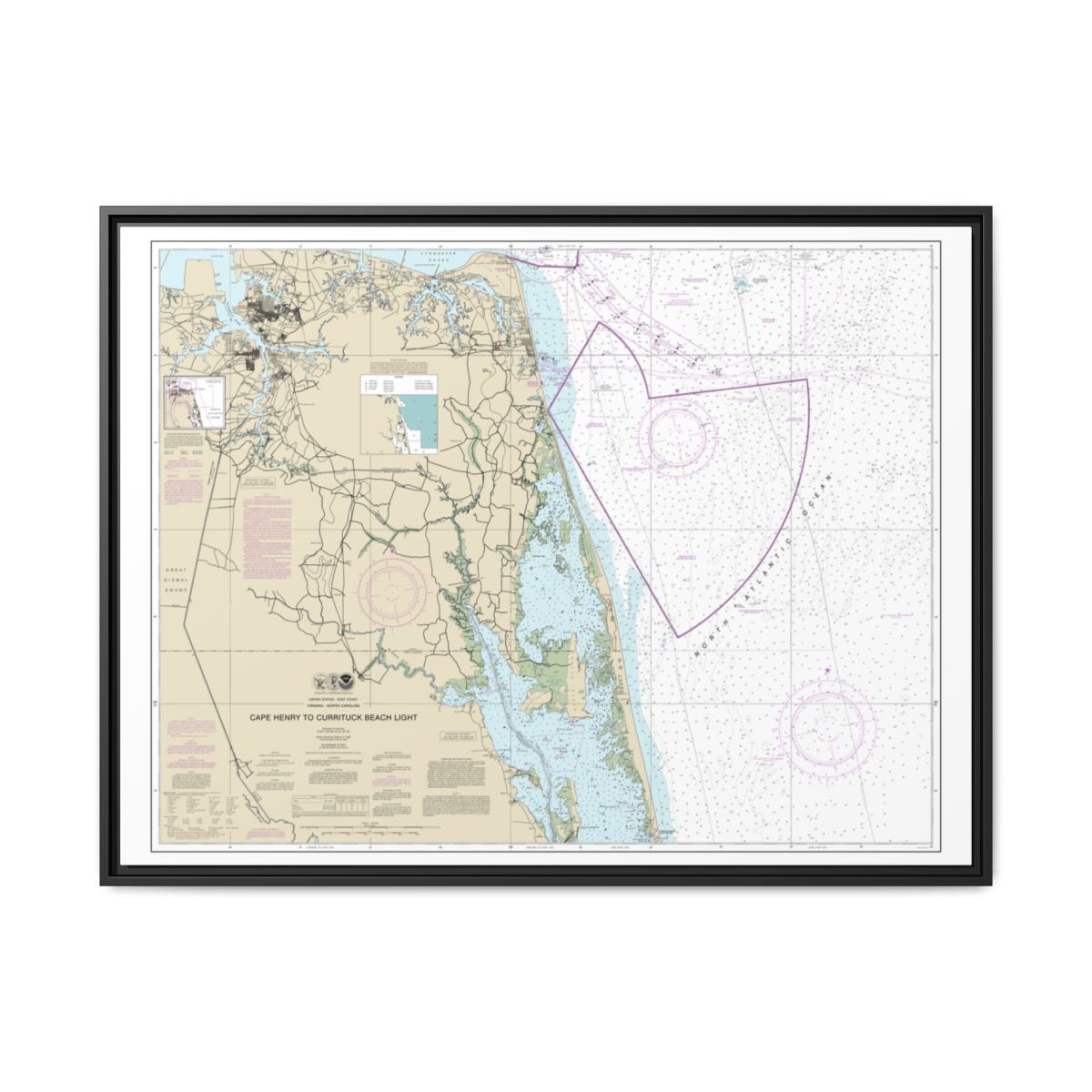 Chart 12207 Cape Henry to Currituck Beach Light - NOAA Nautical Chart Floating Frame Canvas | 32" x 24" | 40" x 30" - Black front