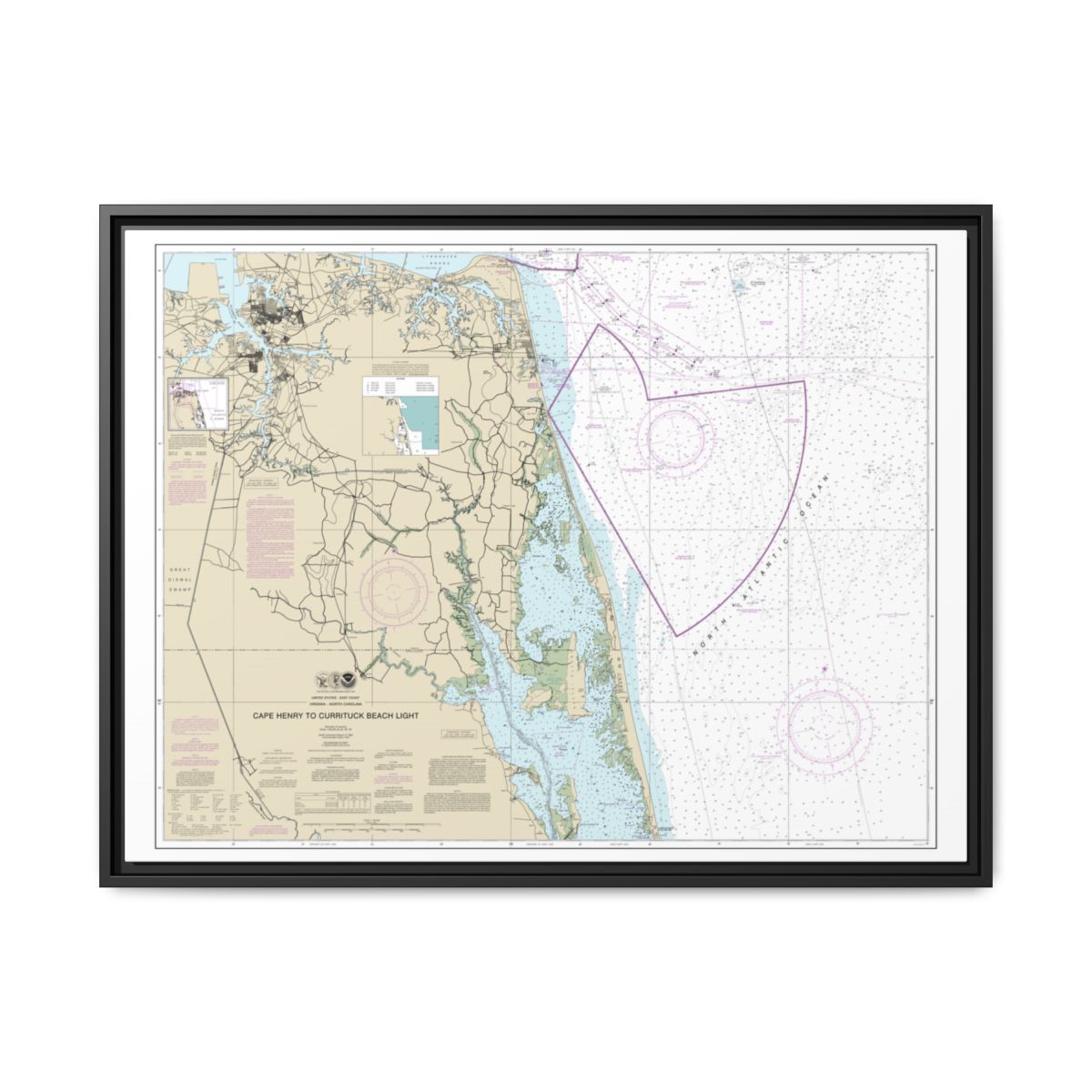 Chart 12207 Cape Henry to Currituck Beach Light - NOAA Nautical Chart Floating Frame Canvas | 32" x 24" | 40" x 30" - Black front
