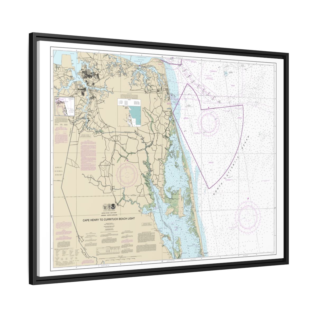 Chart 12207 Cape Henry to Currituck Beach Light - NOAA Nautical Chart Floating Frame Canvas | 32" x 24" | 40" x 30" - Black side