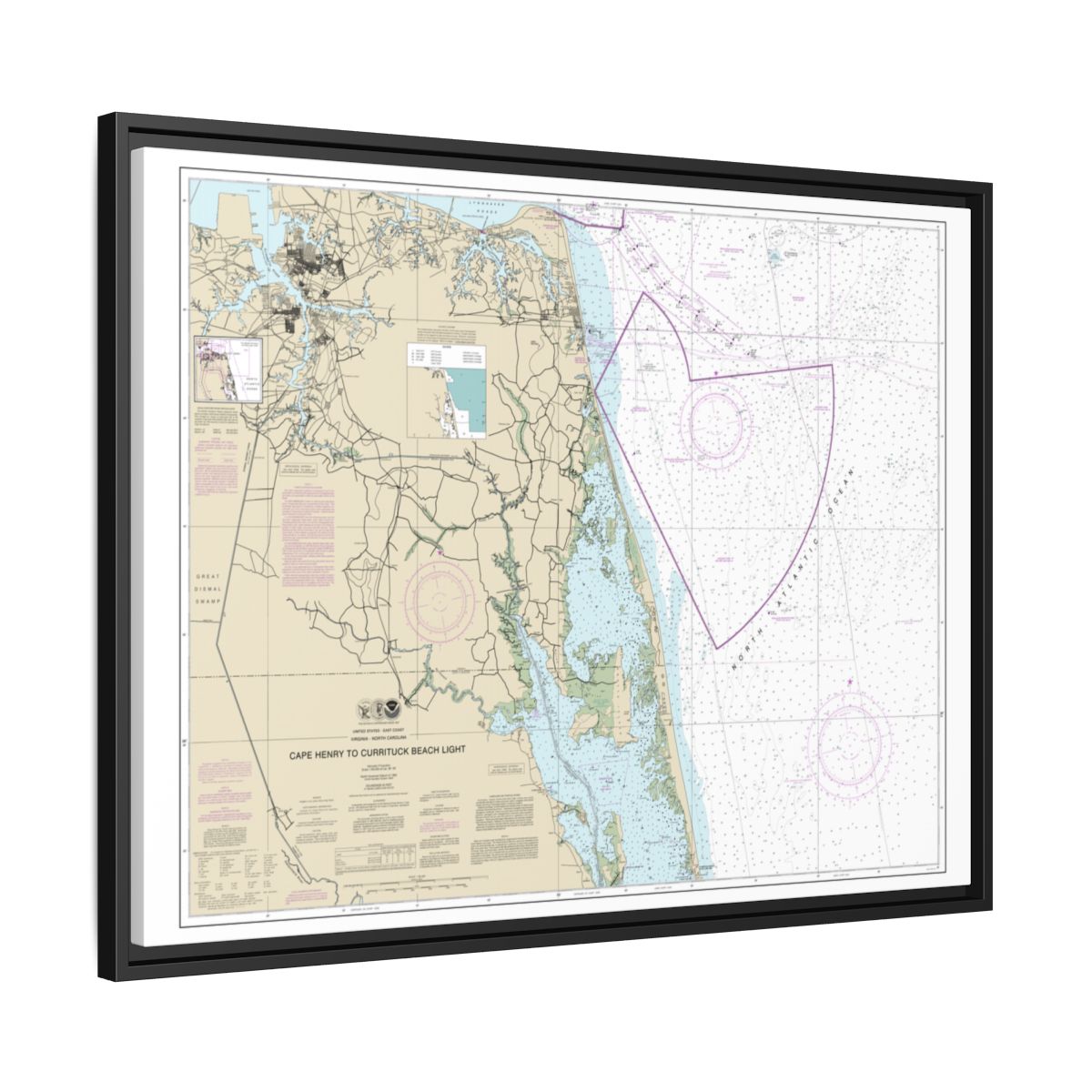 Chart 12207 Cape Henry to Currituck Beach Light - NOAA Nautical Chart Floating Frame Canvas | 32" x 24" | 40" x 30" - Black side