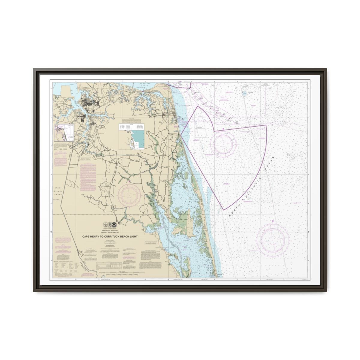 Chart 12207 Cape Henry to Currituck Beach Light - NOAA Nautical Chart Floating Frame Canvas | 32" x 24" | 40" x 30" - Espresso front