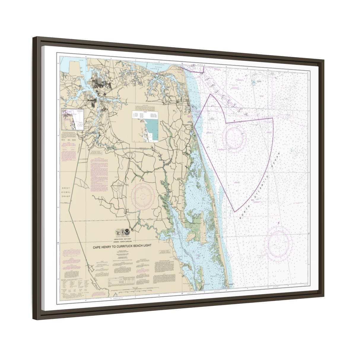 Chart 12207 Cape Henry to Currituck Beach Light - NOAA Nautical Chart Floating Frame Canvas | 32" x 24" | 40" x 30" - Espresso side