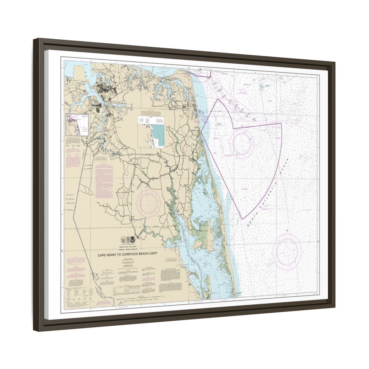 Chart 12207 Cape Henry to Currituck Beach Light - NOAA Nautical Chart Floating Frame Canvas | 32" x 24" | 40" x 30" - Espresso side