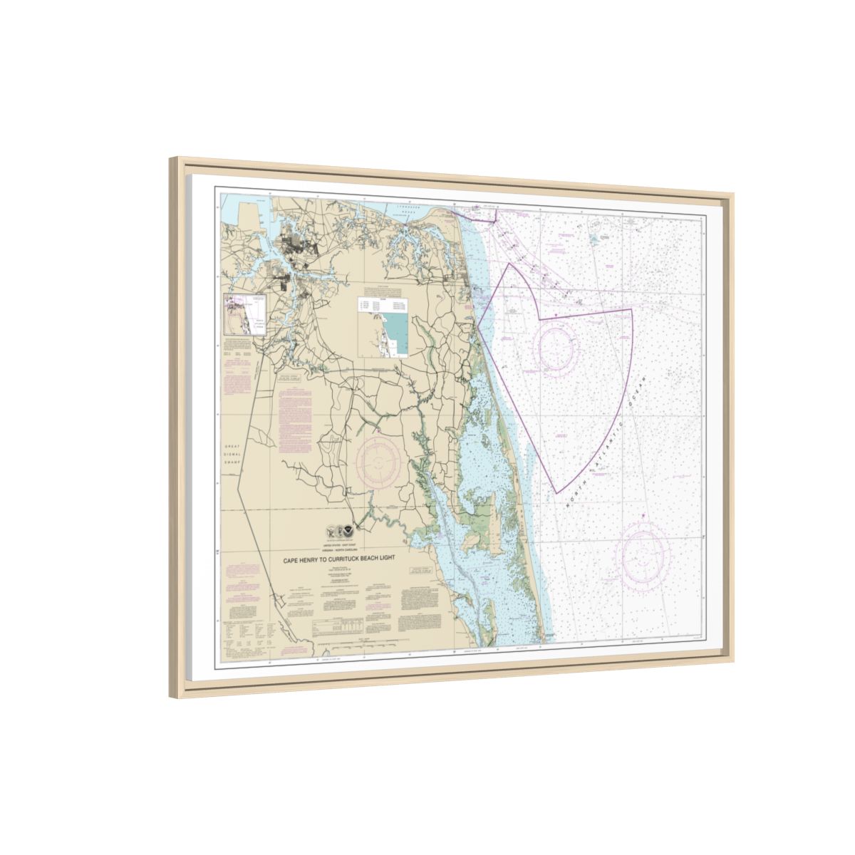 Chart 12207 Cape Henry to Currituck Beach Light - NOAA Nautical Chart Floating Frame Canvas | 32" x 24" | 40" x 30" - Natural side