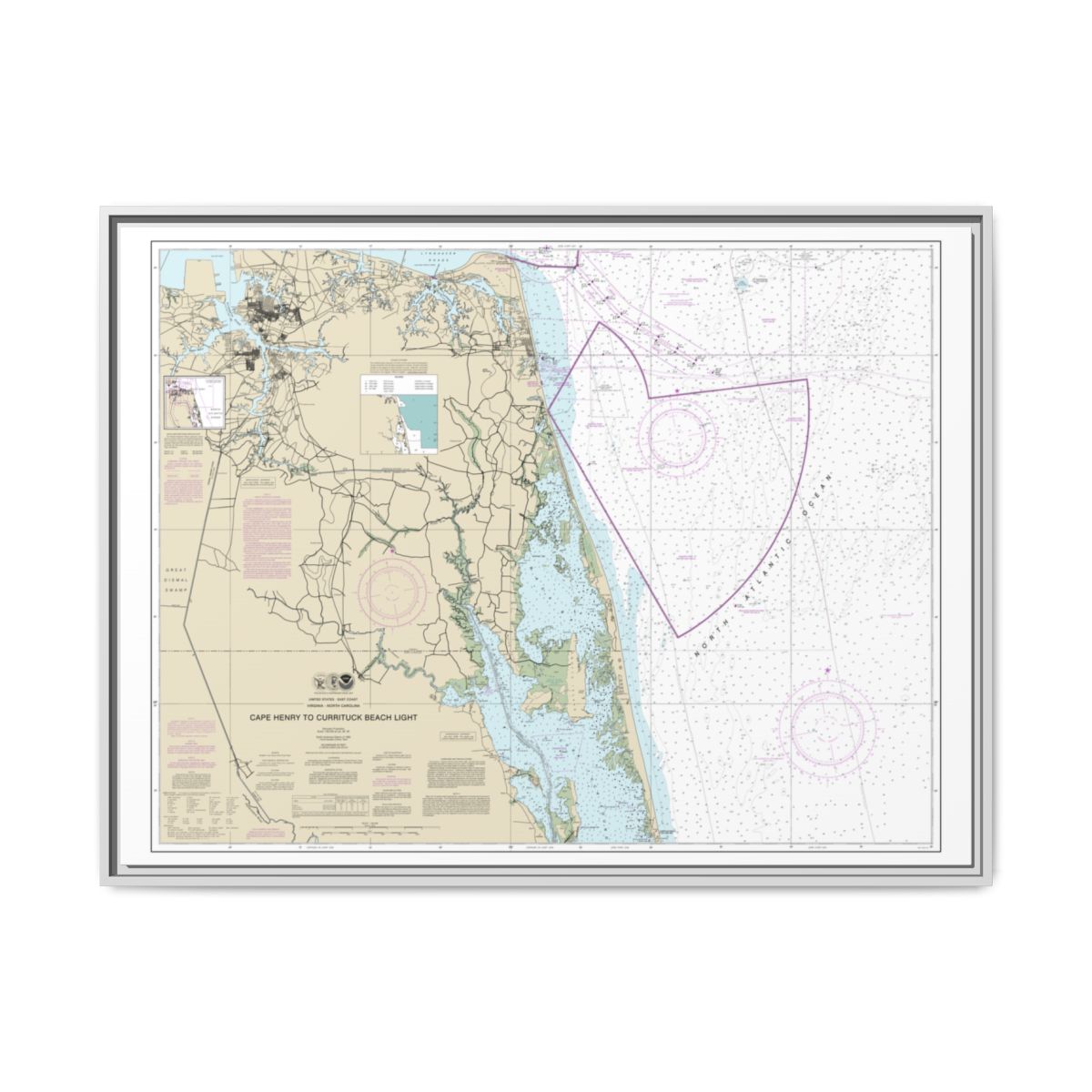 Chart 12207 Cape Henry to Currituck Beach Light - NOAA Nautical Chart Floating Frame Canvas | 32" x 24" | 40" x 30" - White front