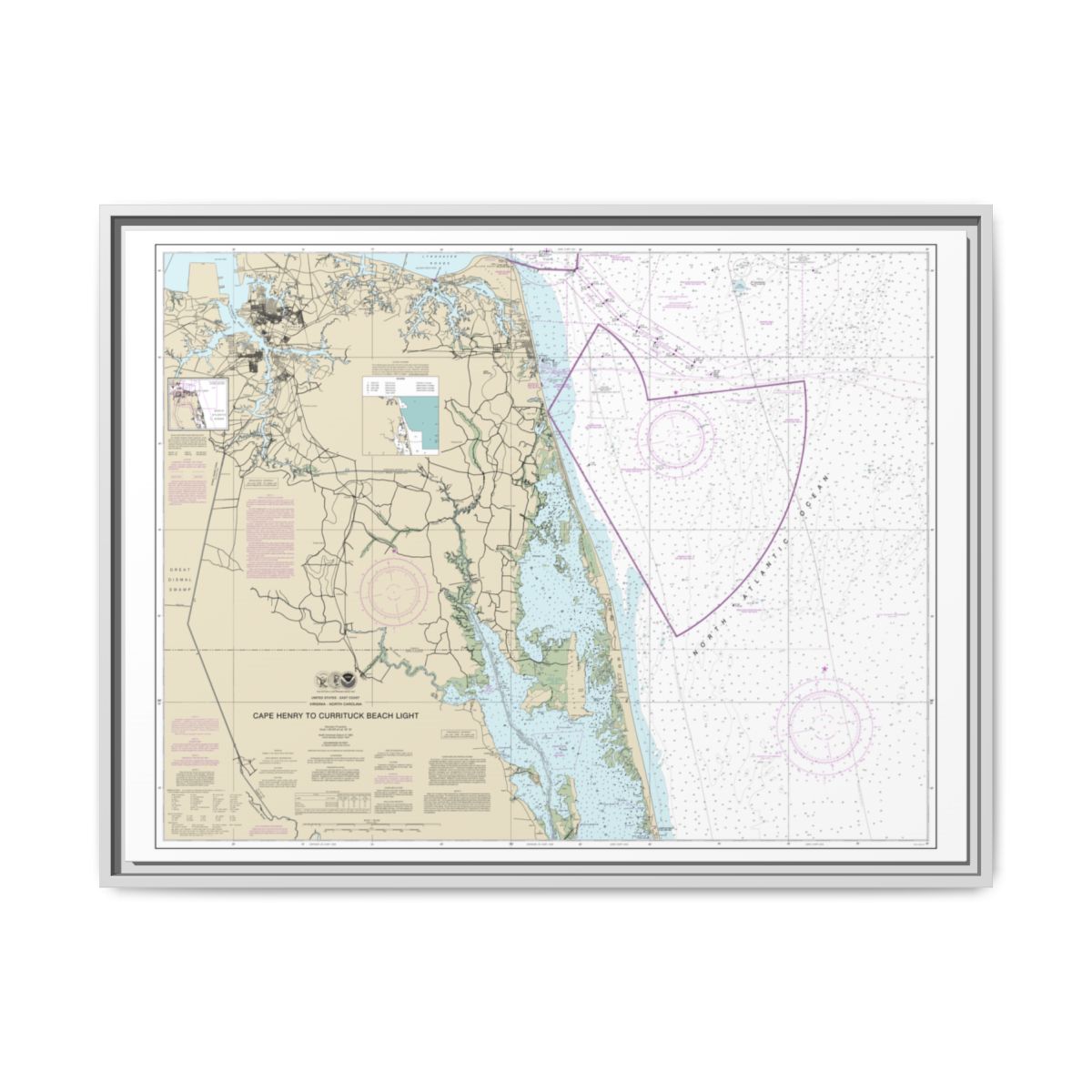 Chart 12207 Cape Henry to Currituck Beach Light - NOAA Nautical Chart Floating Frame Canvas | 32" x 24" | 40" x 30" - White front