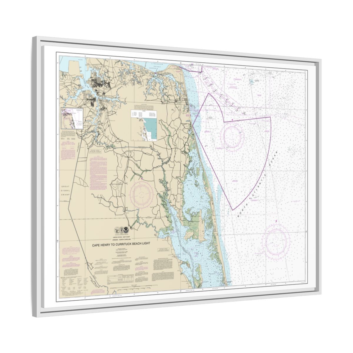 Chart 12207 Cape Henry to Currituck Beach Light - NOAA Nautical Chart Floating Frame Canvas | 32" x 24" | 40" x 30" - White side