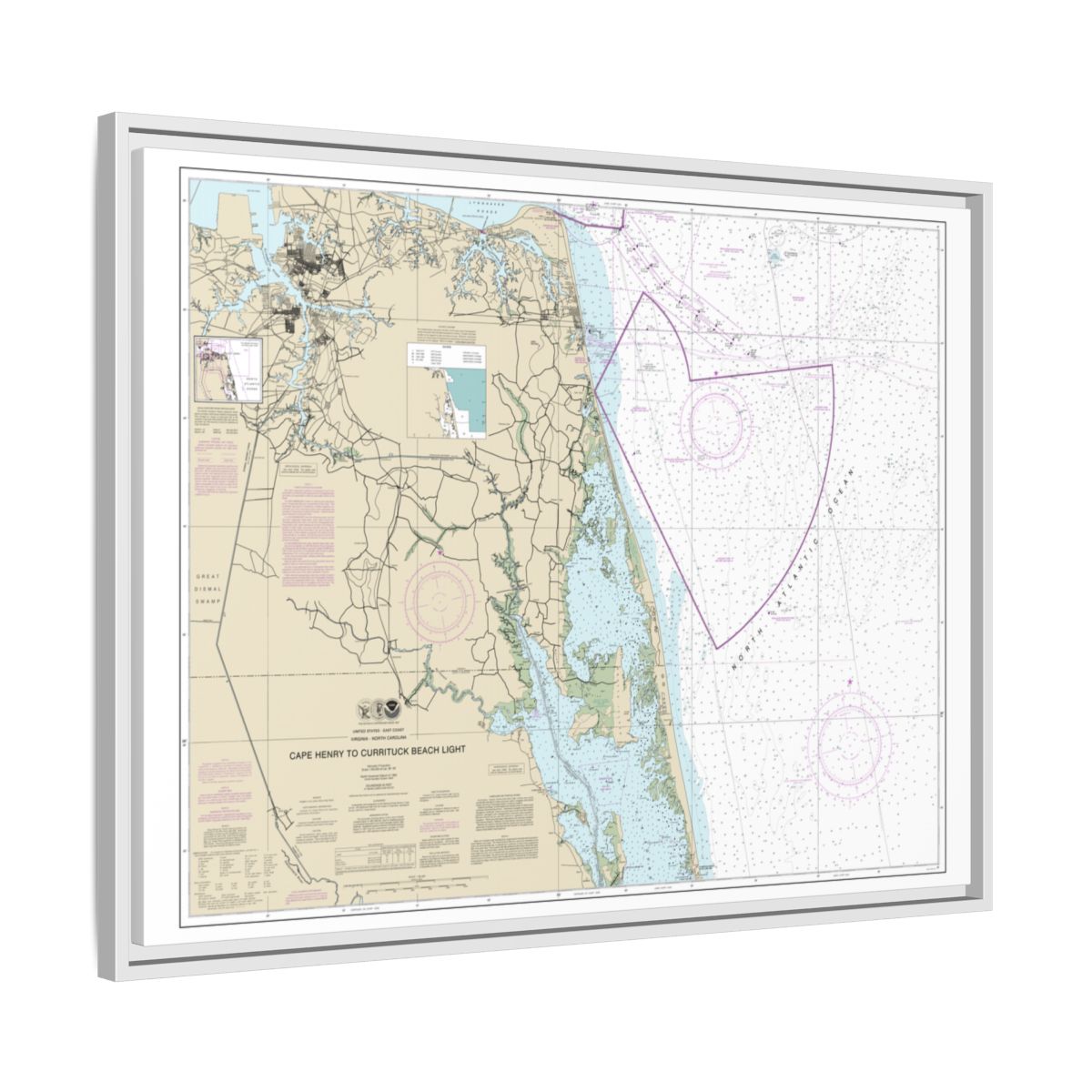 Chart 12207 Cape Henry to Currituck Beach Light - NOAA Nautical Chart Floating Frame Canvas | 32" x 24" | 40" x 30" - White side
