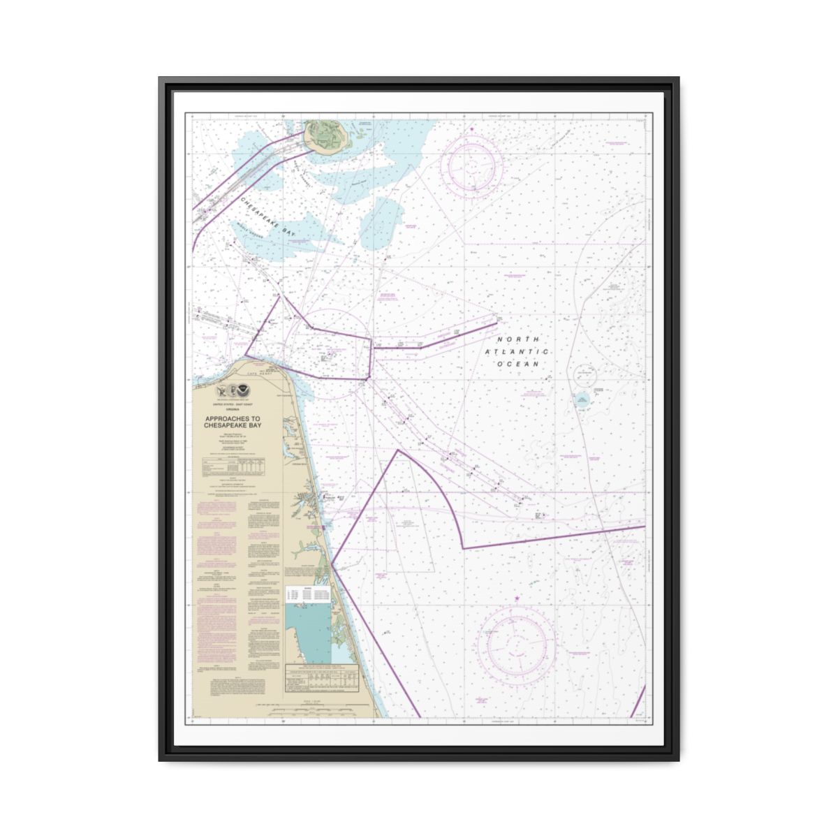 Chart 12208 Approaches to Chesapeake Bay - NOAA Nautical Chart Floating Frame Canvas | 24" x 32" | 30" x 40" - Black front