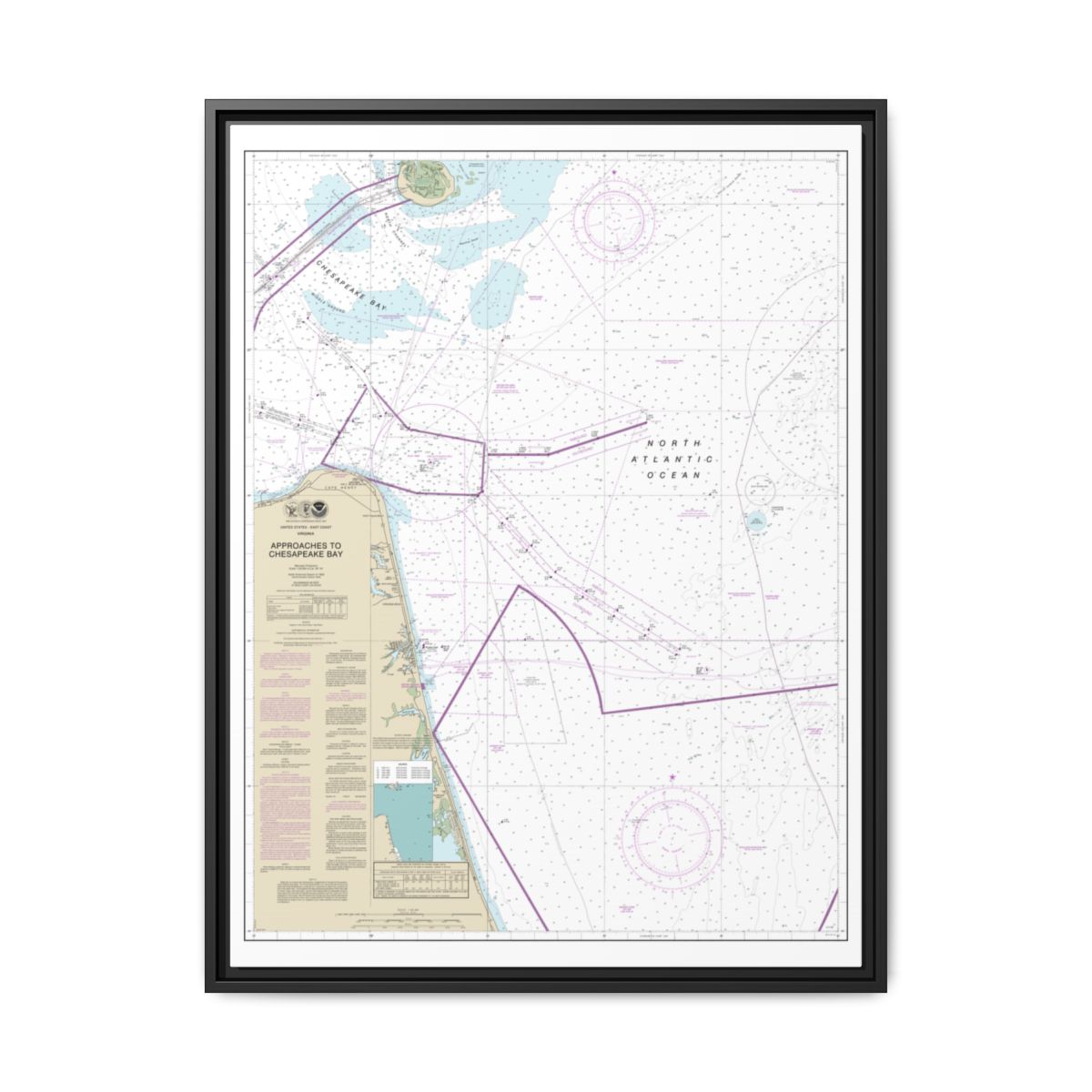 Chart 12208 Approaches to Chesapeake Bay - NOAA Nautical Chart Floating Frame Canvas | 24" x 32" | 30" x 40" - Black front