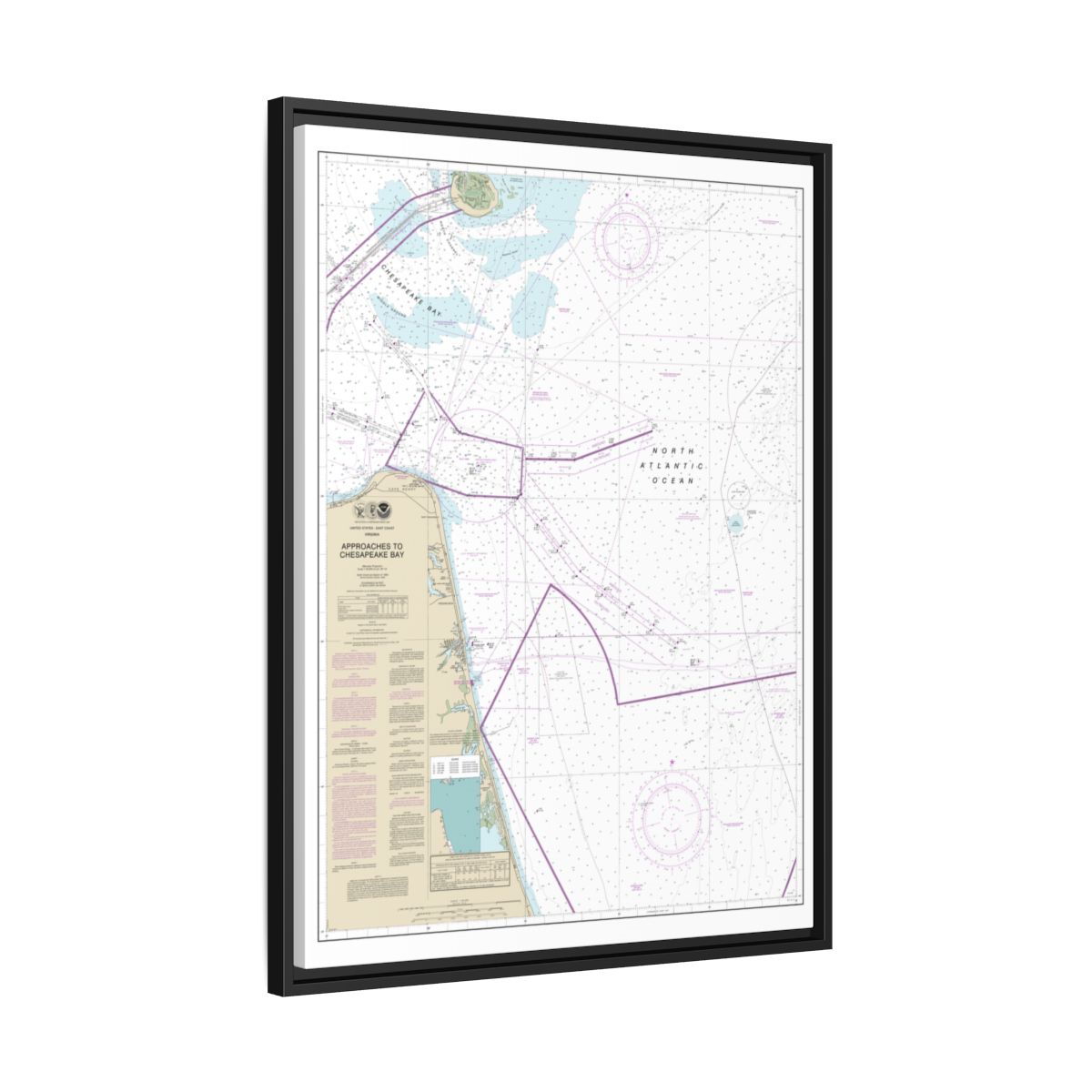 Chart 12208 Approaches to Chesapeake Bay - NOAA Nautical Chart Floating Frame Canvas | 24" x 32" | 30" x 40" - Black side