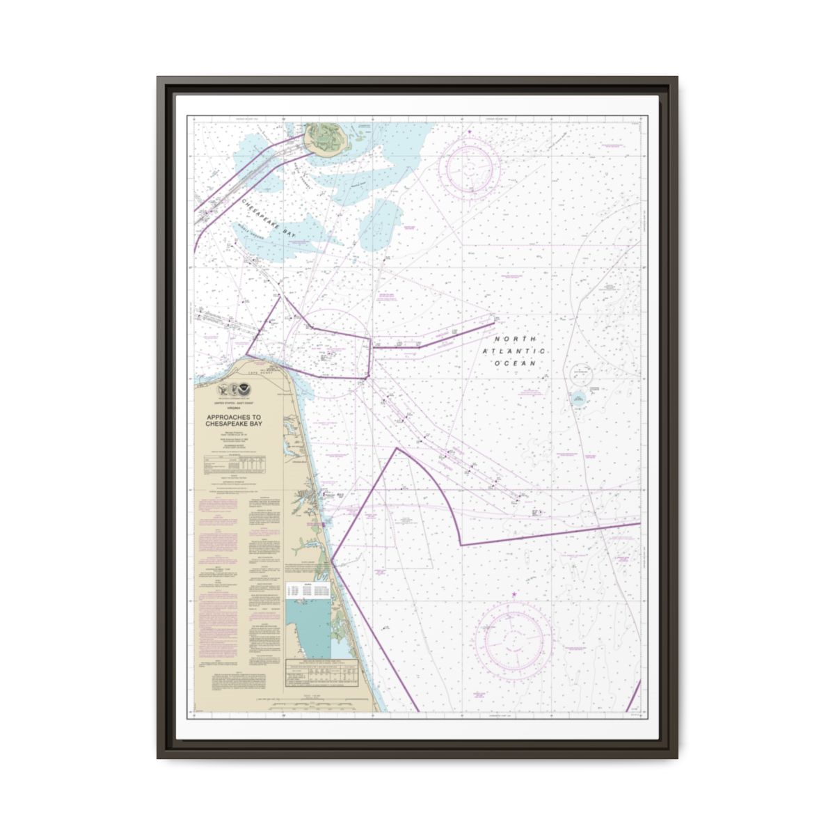 Chart 12208 Approaches to Chesapeake Bay - NOAA Nautical Chart Floating Frame Canvas | 24" x 32" | 30" x 40" - Espresso front