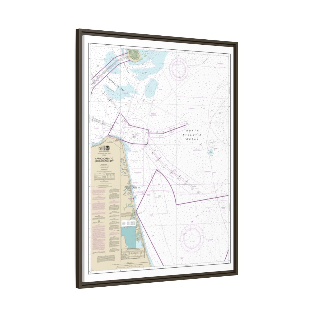Chart 12208 Approaches to Chesapeake Bay - NOAA Nautical Chart Floating Frame Canvas | 24" x 32" | 30" x 40" - Espresso side