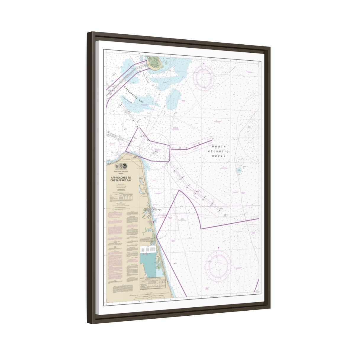 Chart 12208 Approaches to Chesapeake Bay - NOAA Nautical Chart Floating Frame Canvas | 24" x 32" | 30" x 40" - Espresso side