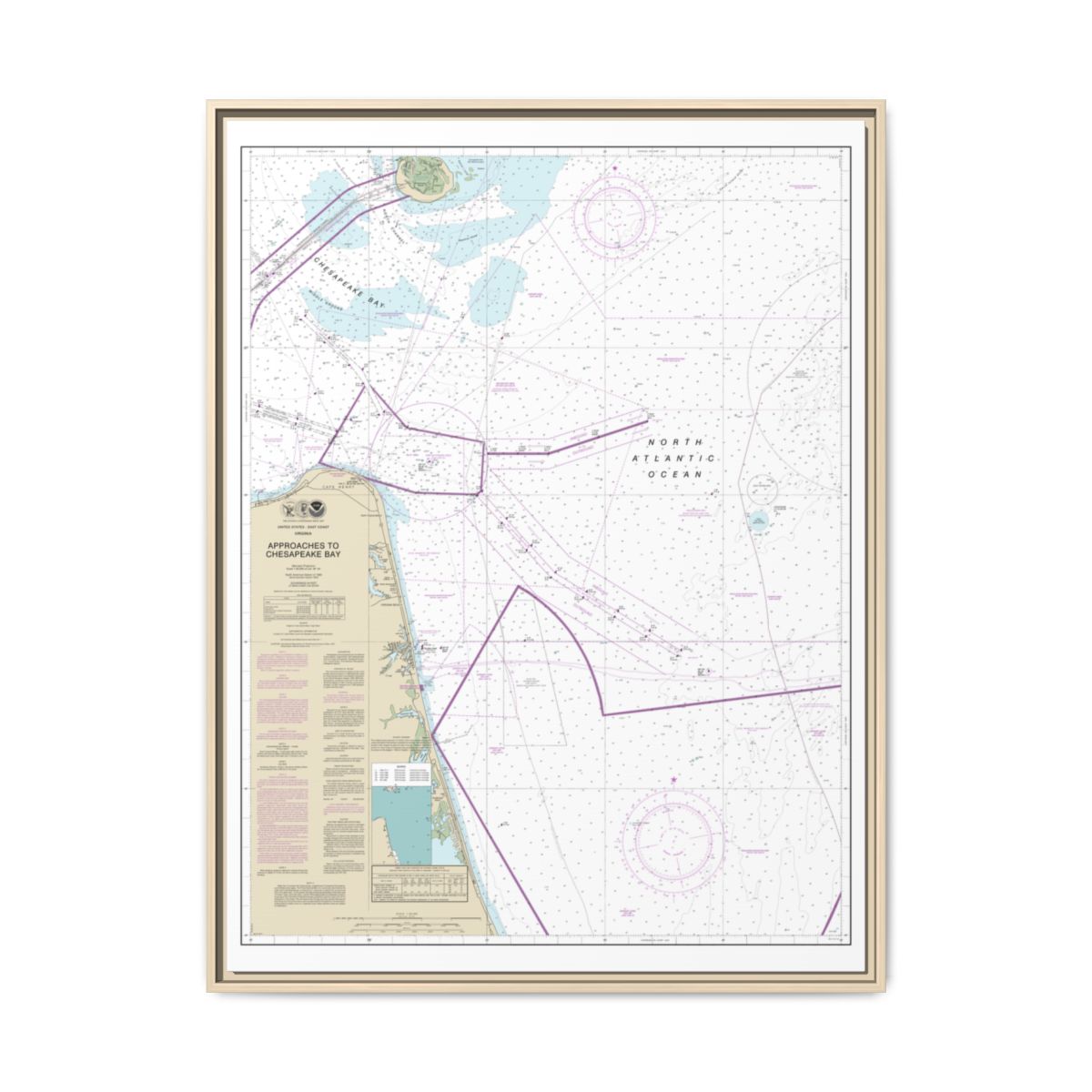 Chart 12208 Approaches to Chesapeake Bay - NOAA Nautical Chart Floating Frame Canvas | 24" x 32" | 30" x 40" - Natural front