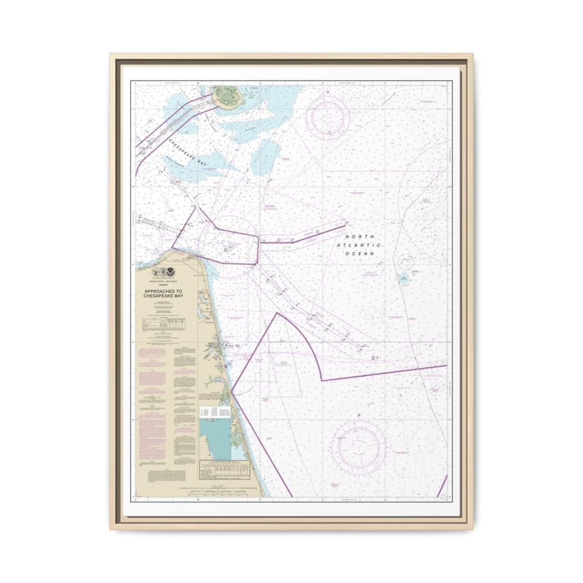 Chart 12208 Approaches to Chesapeake Bay - NOAA Nautical Chart Floating Frame Canvas | 24" x 32" | 30" x 40" - Natural front