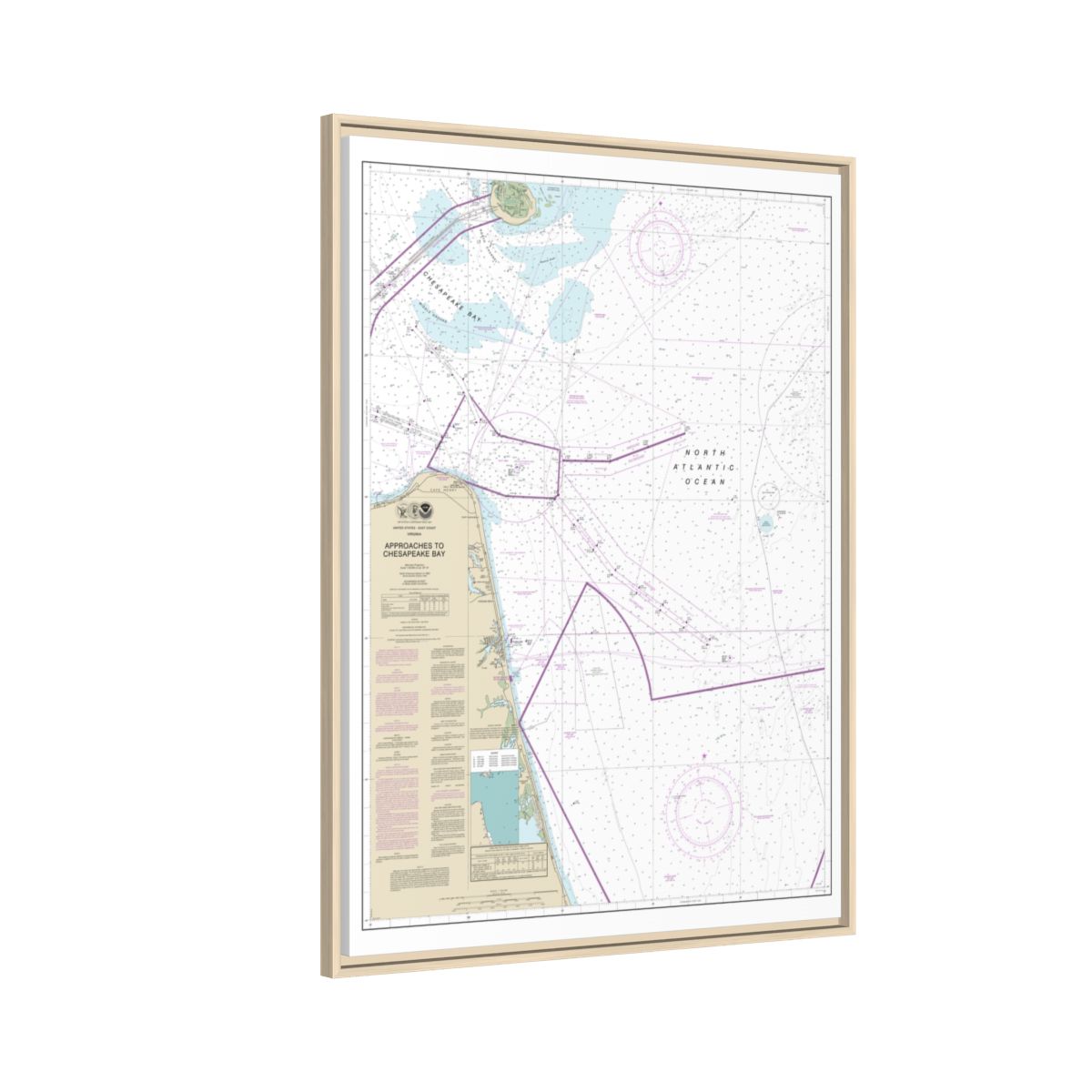 Chart 12208 Approaches to Chesapeake Bay - NOAA Nautical Chart Floating Frame Canvas | 24" x 32" | 30" x 40" - Natural side