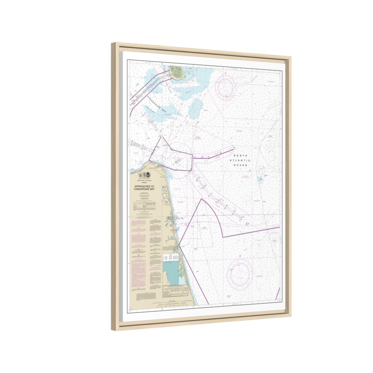 Chart 12208 Approaches to Chesapeake Bay - NOAA Nautical Chart Floating Frame Canvas | 24" x 32" | 30" x 40" - Natural side