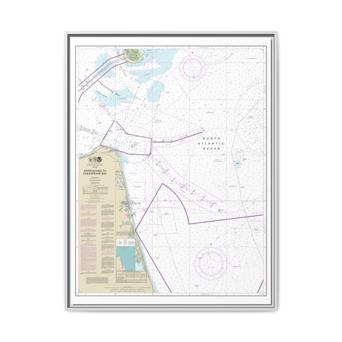 Chart 12208 Approaches to Chesapeake Bay - NOAA Nautical Chart Floating Frame Canvas | 24" x 32" | 30" x 40" - White front