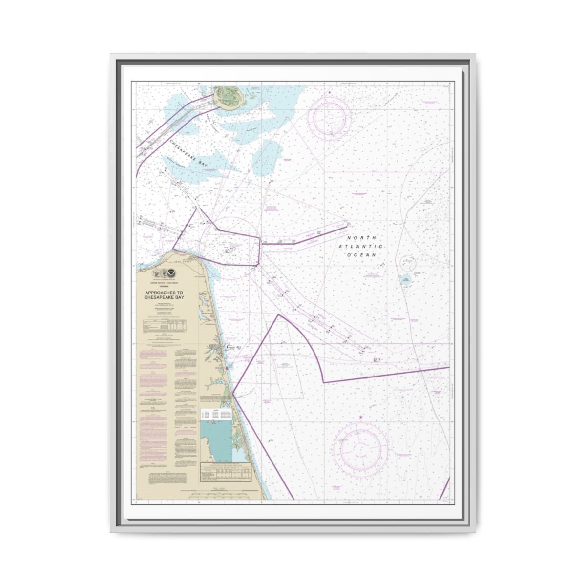 Chart 12208 Approaches to Chesapeake Bay - NOAA Nautical Chart Floating Frame Canvas | 24" x 32" | 30" x 40" - White front
