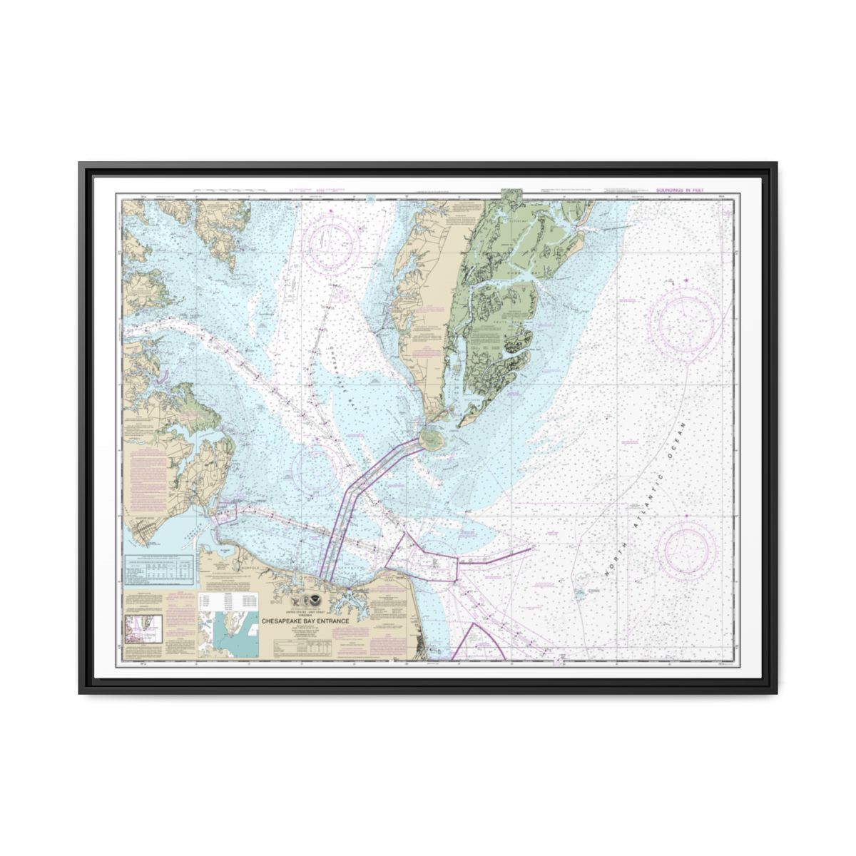 Chart 12221 Chesapeake Bay Entrance - NOAA Nautical Chart Floating Frame Canvas | 32" x 24" | 40" x 30" - Black front