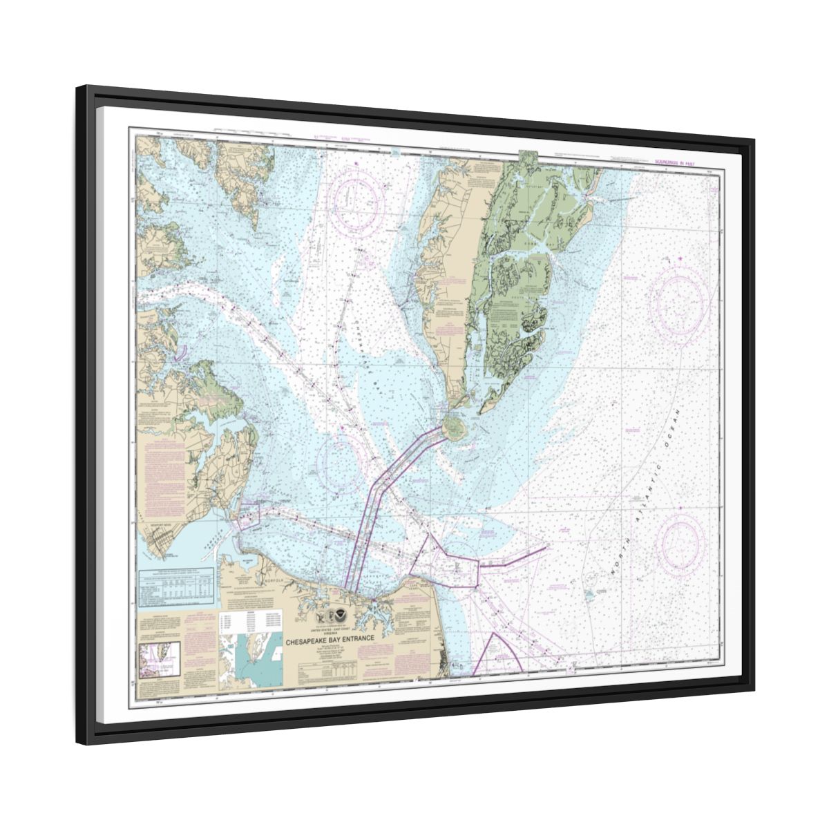 Chart 12221 Chesapeake Bay Entrance - NOAA Nautical Chart Floating Frame Canvas | 32" x 24" | 40" x 30" - Black side