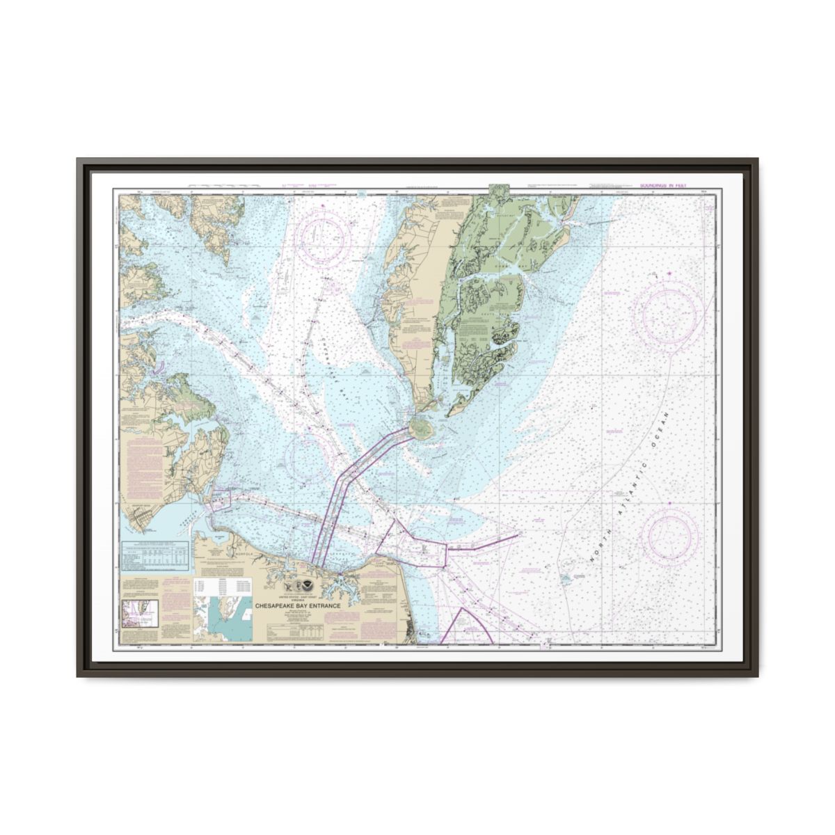 Chart 12221 Chesapeake Bay Entrance - NOAA Nautical Chart Floating Frame Canvas | 32" x 24" | 40" x 30" - Espresso front