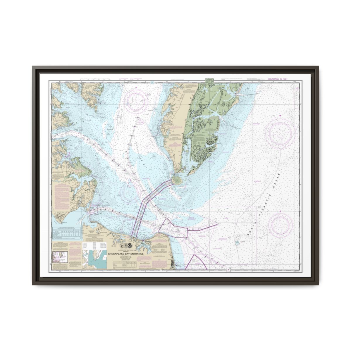 Chart 12221 Chesapeake Bay Entrance - NOAA Nautical Chart Floating Frame Canvas | 32" x 24" | 40" x 30" - Espresso front