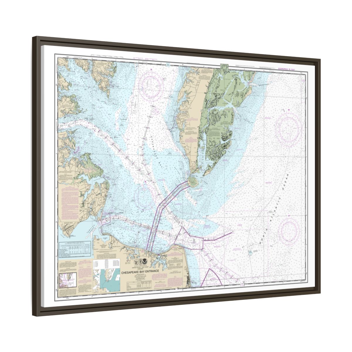 Chart 12221 Chesapeake Bay Entrance - NOAA Nautical Chart Floating Frame Canvas | 32" x 24" | 40" x 30" - Espresso side