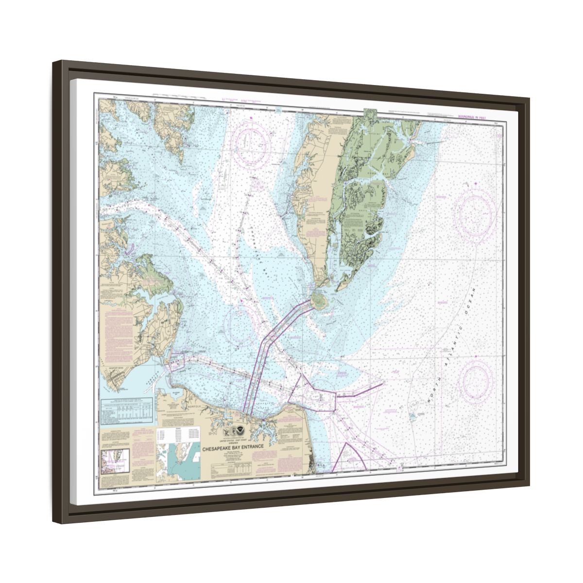 Chart 12221 Chesapeake Bay Entrance - NOAA Nautical Chart Floating Frame Canvas | 32" x 24" | 40" x 30" - Espresso side