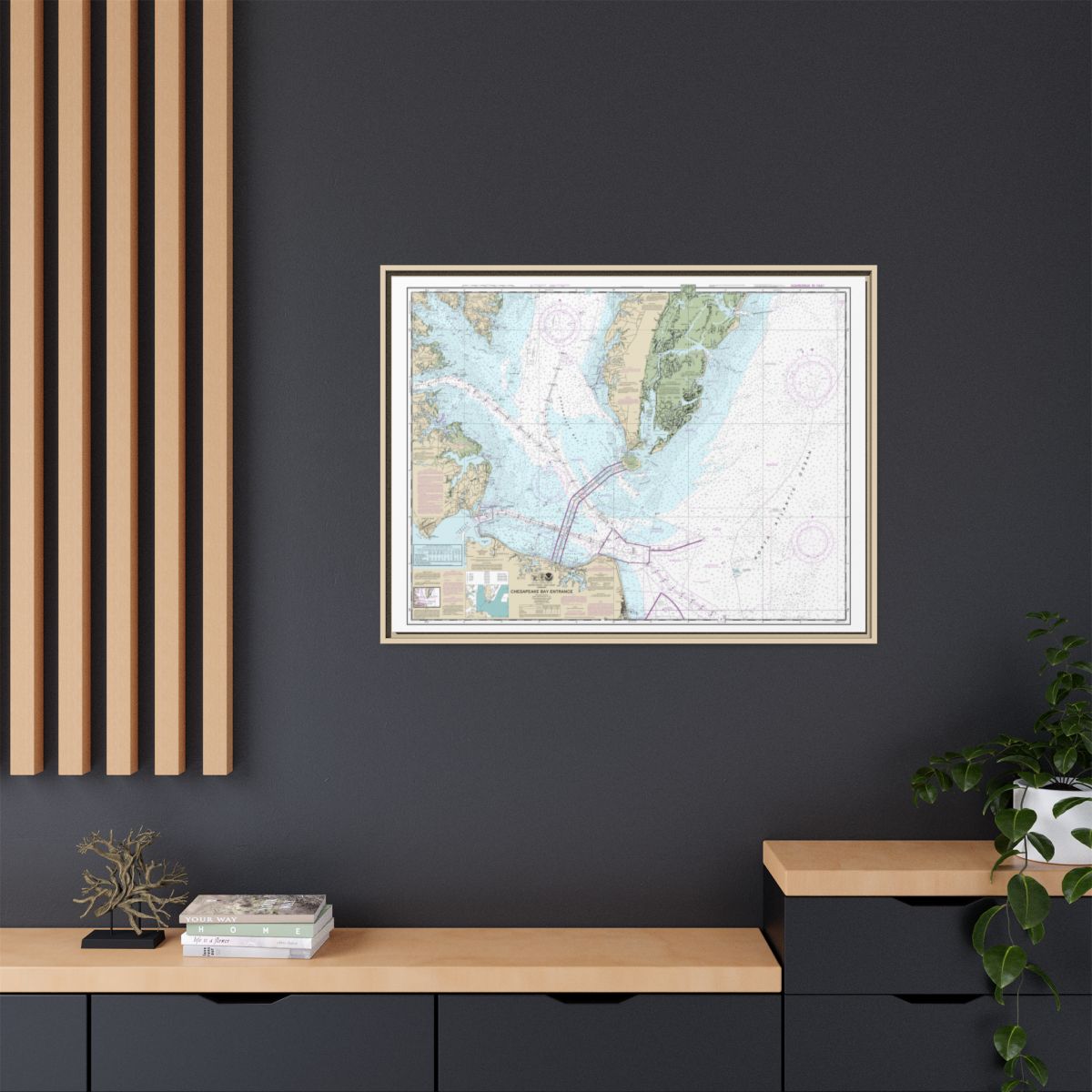 Chart 12221 Chesapeake Bay Entrance - NOAA Nautical Chart Floating Frame Canvas | 32" x 24" | 40" x 30" - Natural context-2