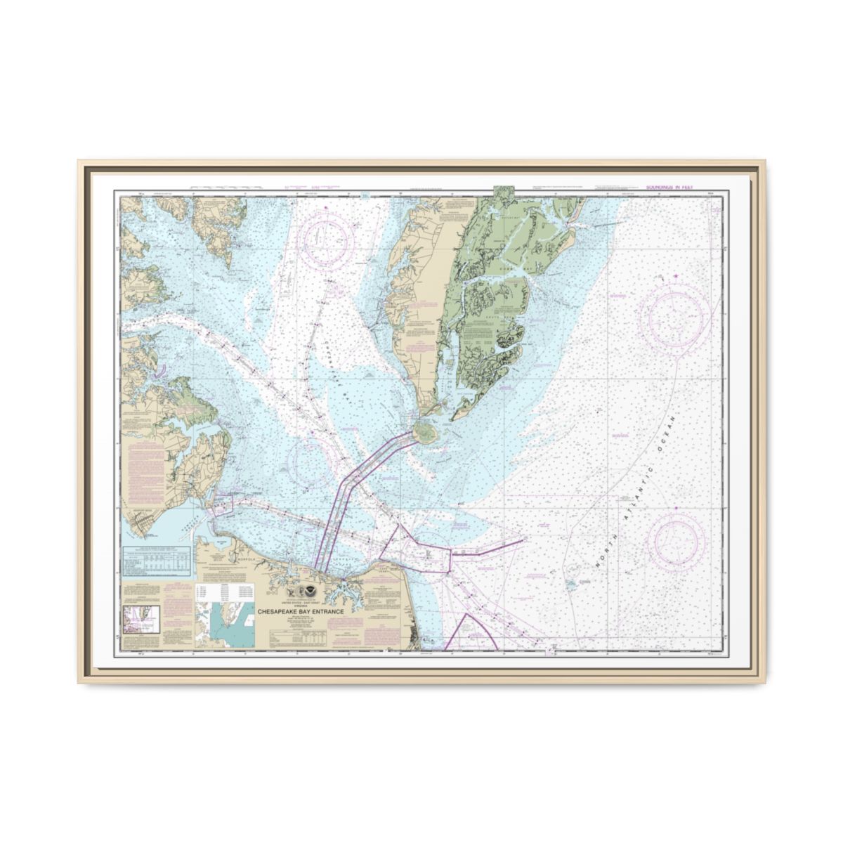 Chart 12221 Chesapeake Bay Entrance - NOAA Nautical Chart Floating Frame Canvas | 32" x 24" | 40" x 30" - Natural front