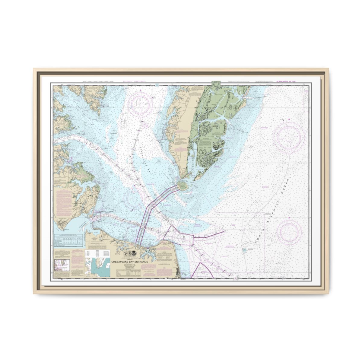 Chart 12221 Chesapeake Bay Entrance - NOAA Nautical Chart Floating Frame Canvas | 32" x 24" | 40" x 30" - Natural front