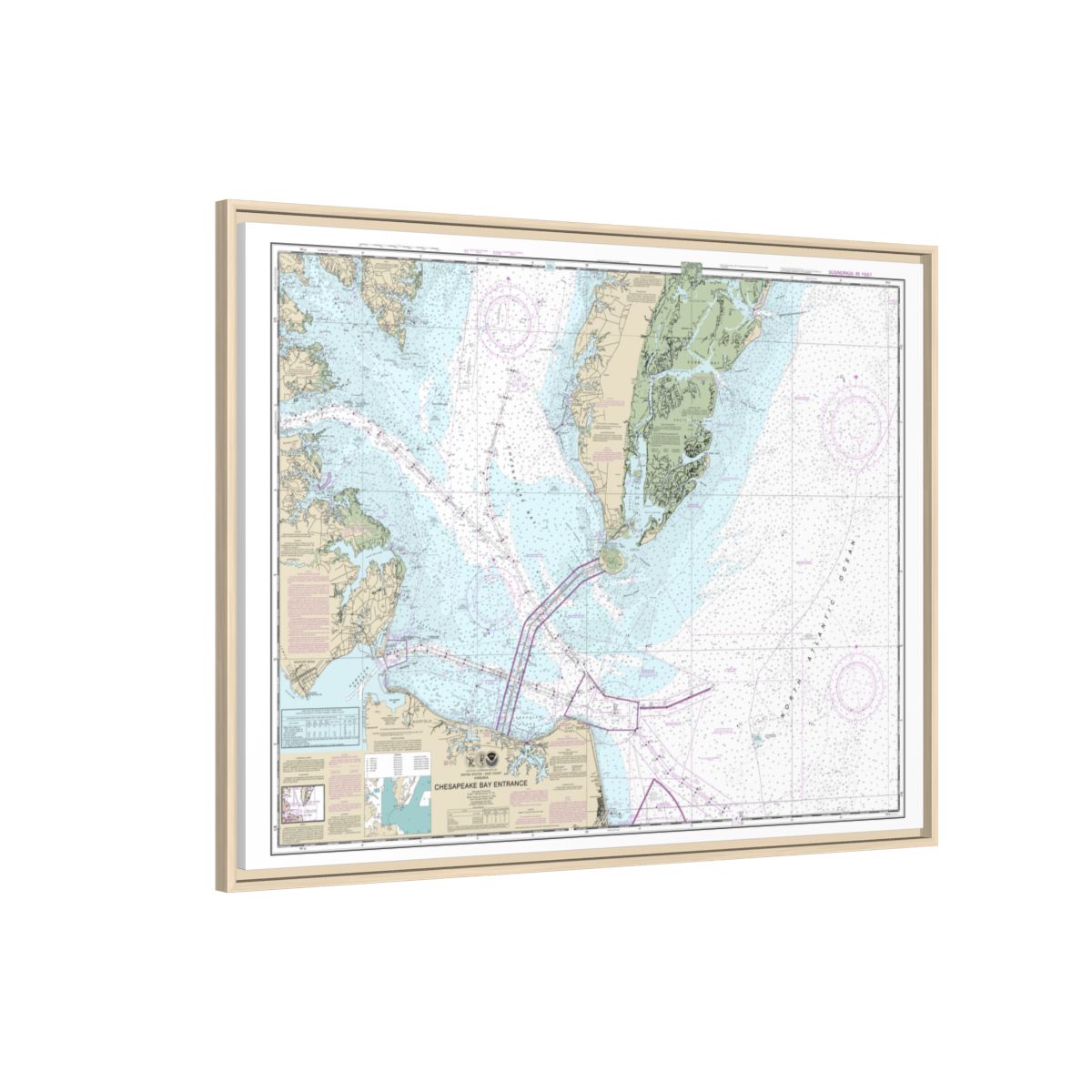 Chart 12221 Chesapeake Bay Entrance - NOAA Nautical Chart Floating Frame Canvas | 32" x 24" | 40" x 30" - Natural side