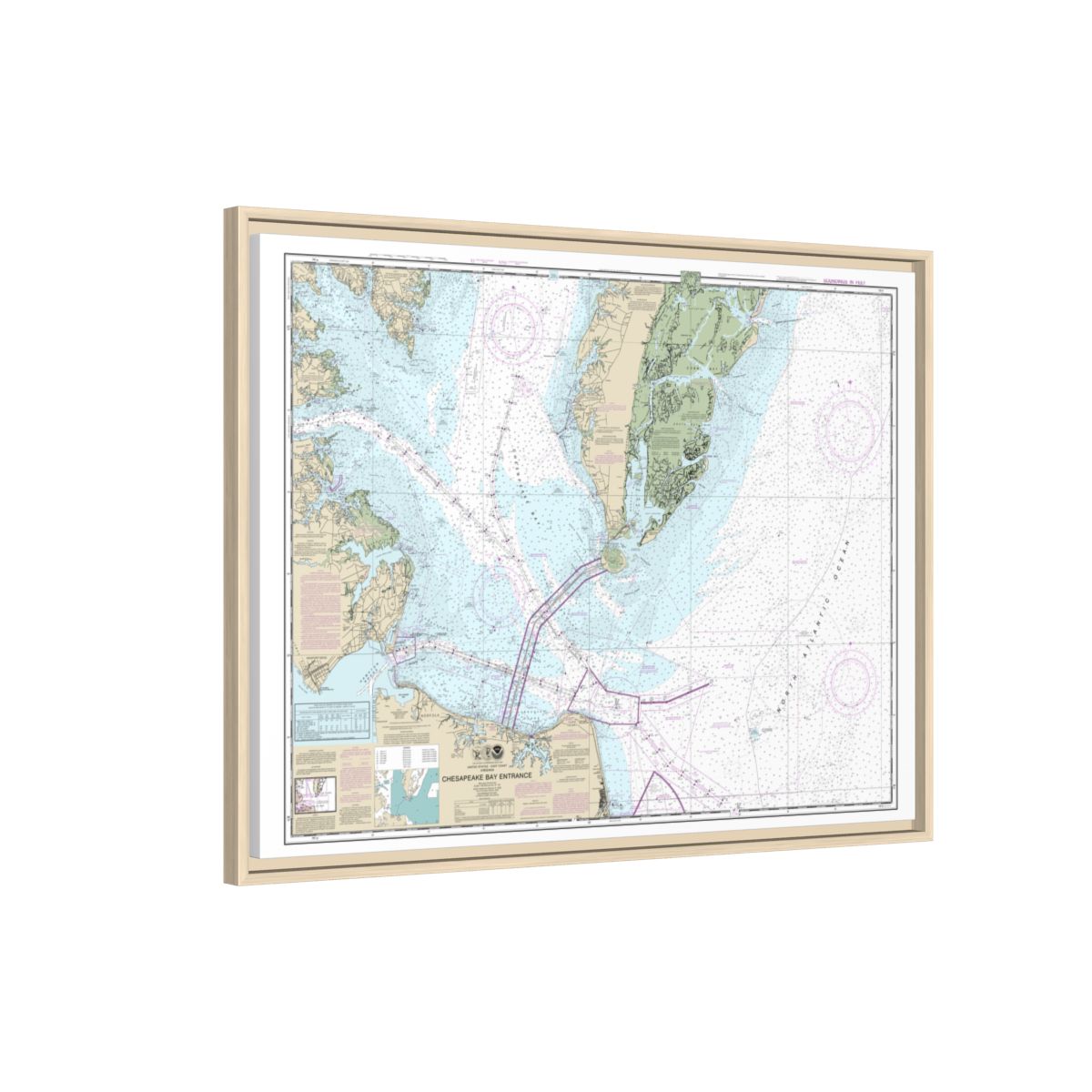 Chart 12221 Chesapeake Bay Entrance - NOAA Nautical Chart Floating Frame Canvas | 32" x 24" | 40" x 30" - Natural side