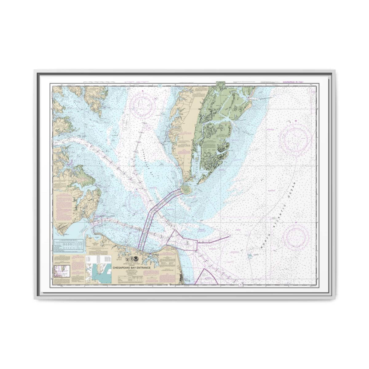 Chart 12221 Chesapeake Bay Entrance - NOAA Nautical Chart Floating Frame Canvas | 32" x 24" | 40" x 30" - White front