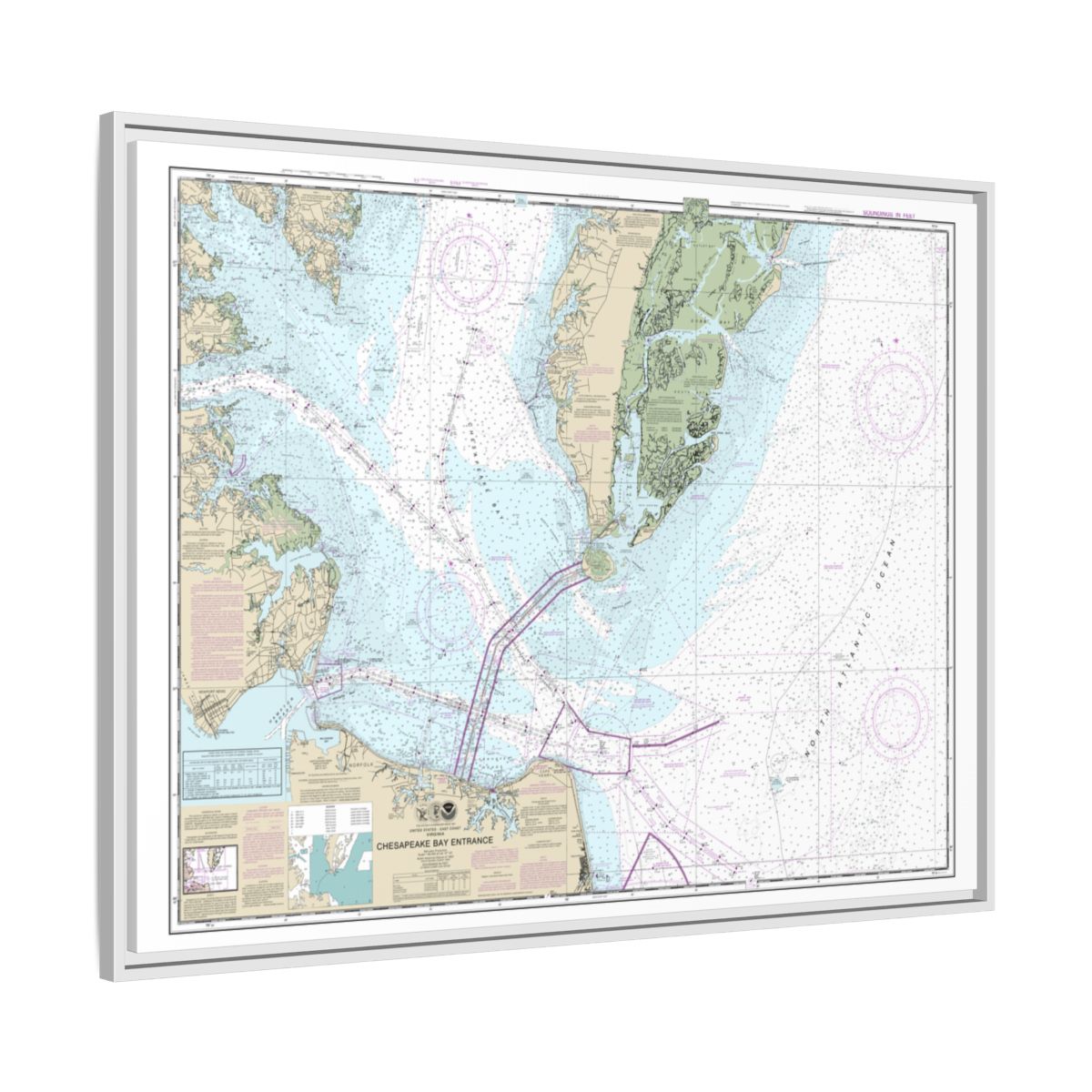 Chart 12221 Chesapeake Bay Entrance - NOAA Nautical Chart Floating Frame Canvas | 32" x 24" | 40" x 30" - White side