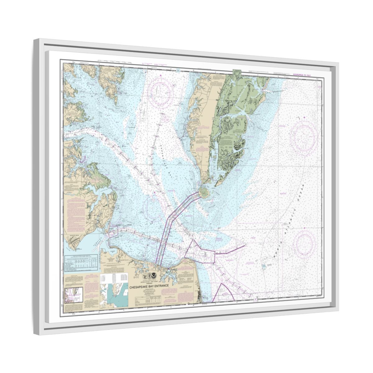 Chart 12221 Chesapeake Bay Entrance - NOAA Nautical Chart Floating Frame Canvas | 32" x 24" | 40" x 30" - White side